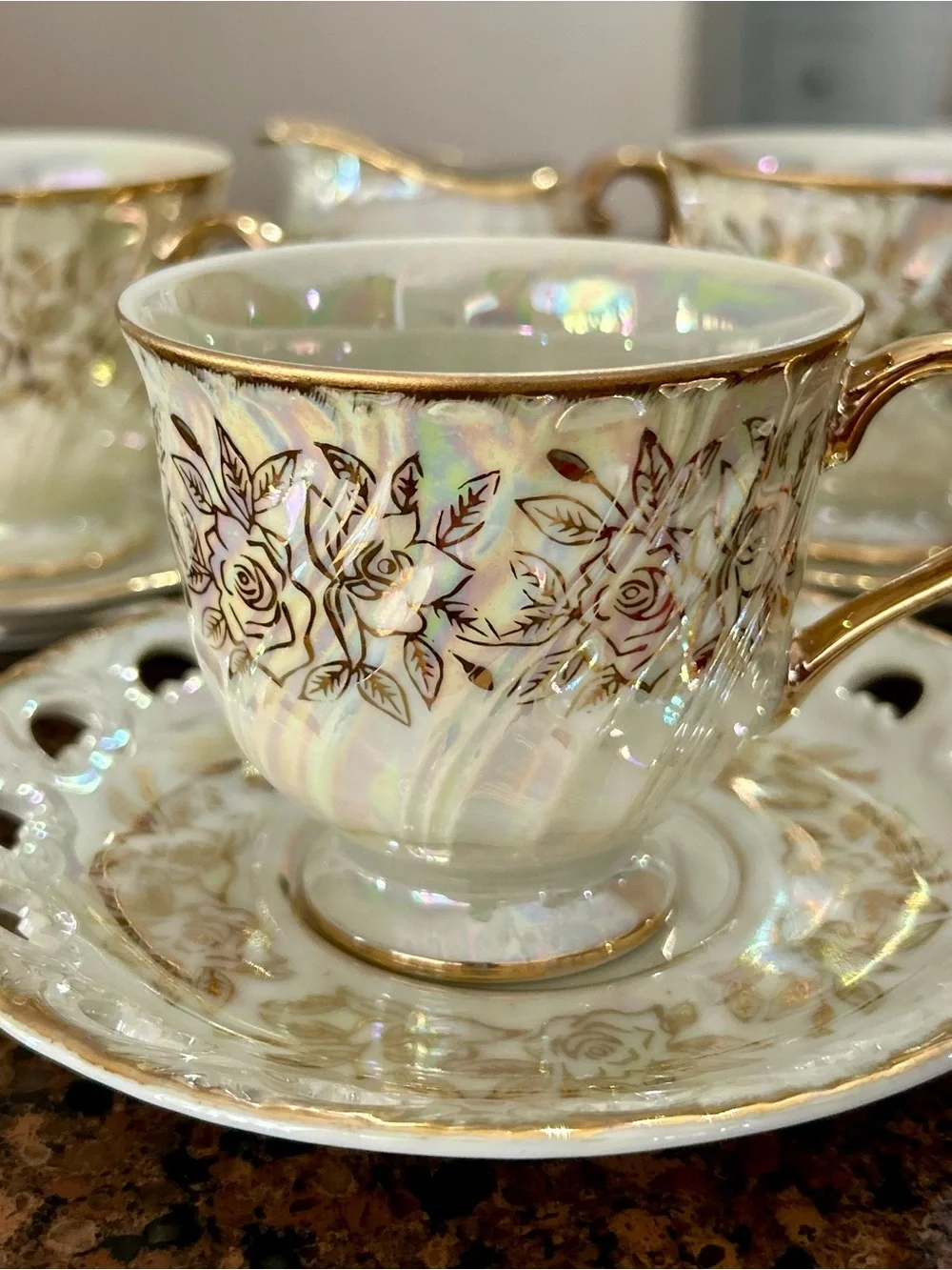 Kudo Fancy Charm Porcelain Iridescent Floral Gold Trim 7pc Cup Saucer Creamer